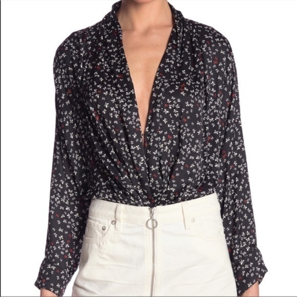 NWT Free people ladylike carbon combo floral black white long sleeve bodysuit M